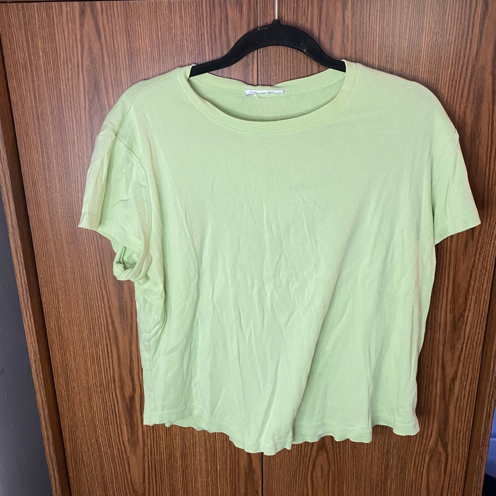T-Shirt Women Large Lime Green Short Sleeve Crew Neck Boxy Fit Cotton